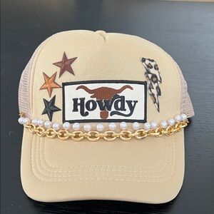 Howdy Embellished Tan Trucker Hat with Pearls & Gold Chain